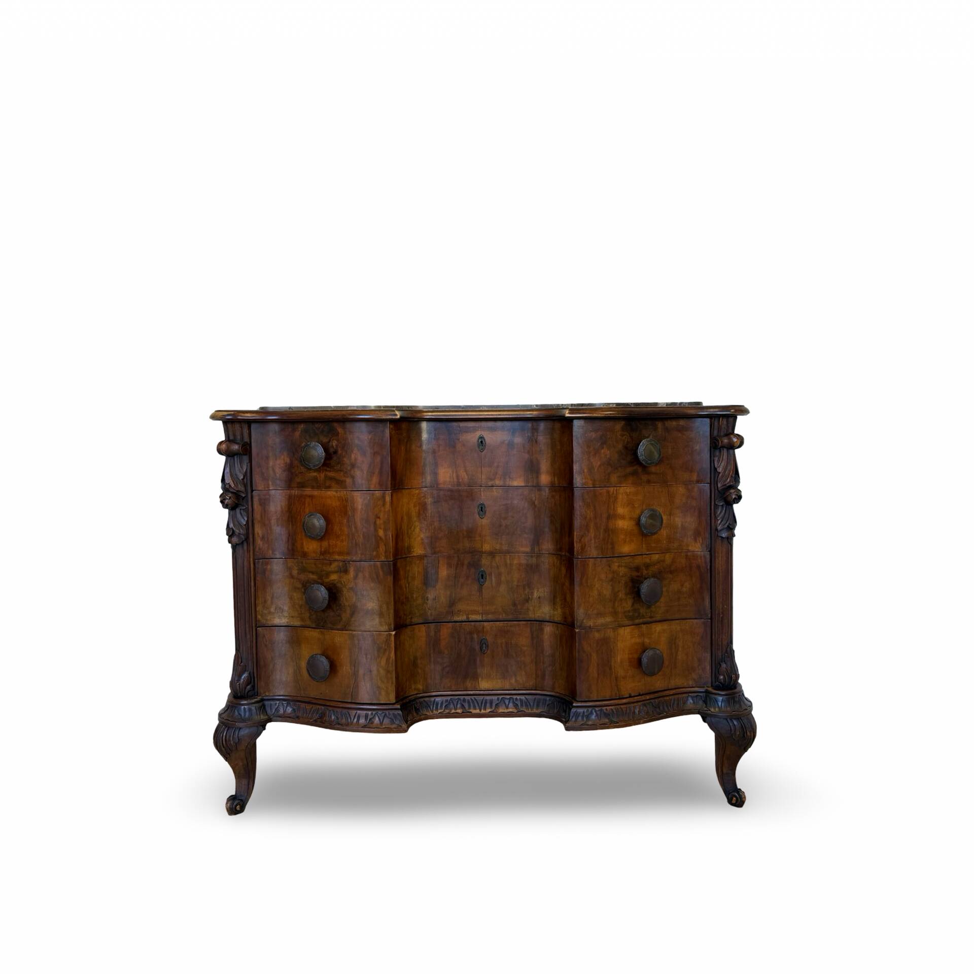 serpentine commode in antique walnut