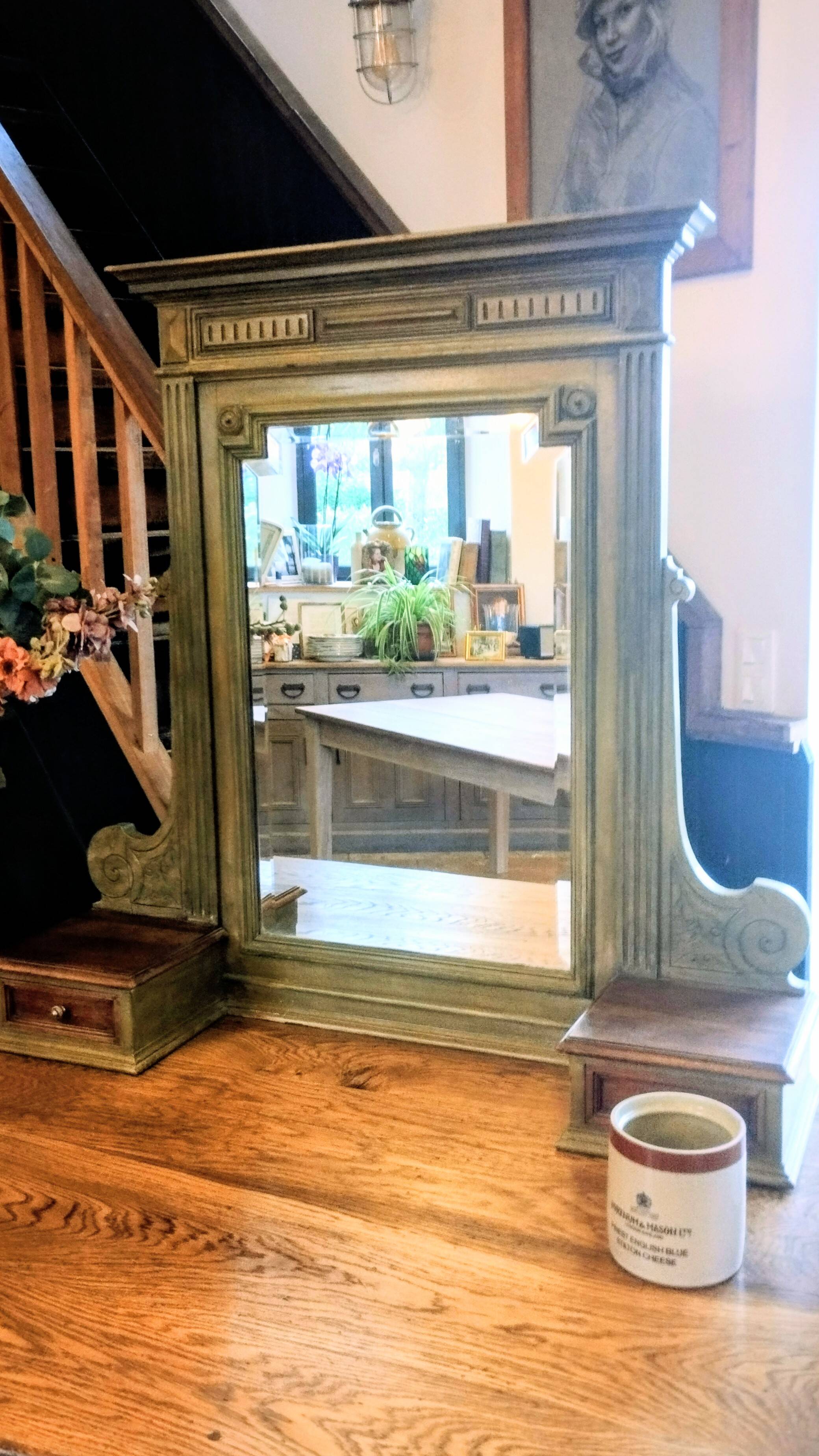 Antique bevelled mirror Farrow and Ball "Green Bancha"