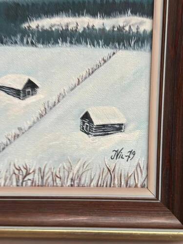 Swedish Oil on Canvas “Houses in the snow” by Nik 79 Vintage & Framed 35x30cm