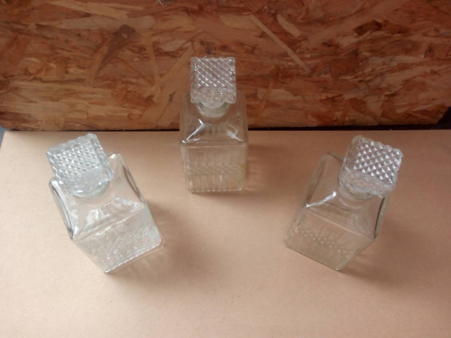 Set of 3 molded glass whiskey liqueur carafes + vintage stoppers