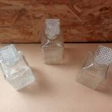 Set of 3 molded glass whiskey liqueur carafes + vintage stoppers