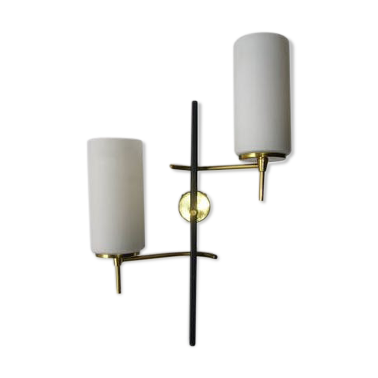 Black and gold metal sconces, Arlus house opalin lenses from the 1950s