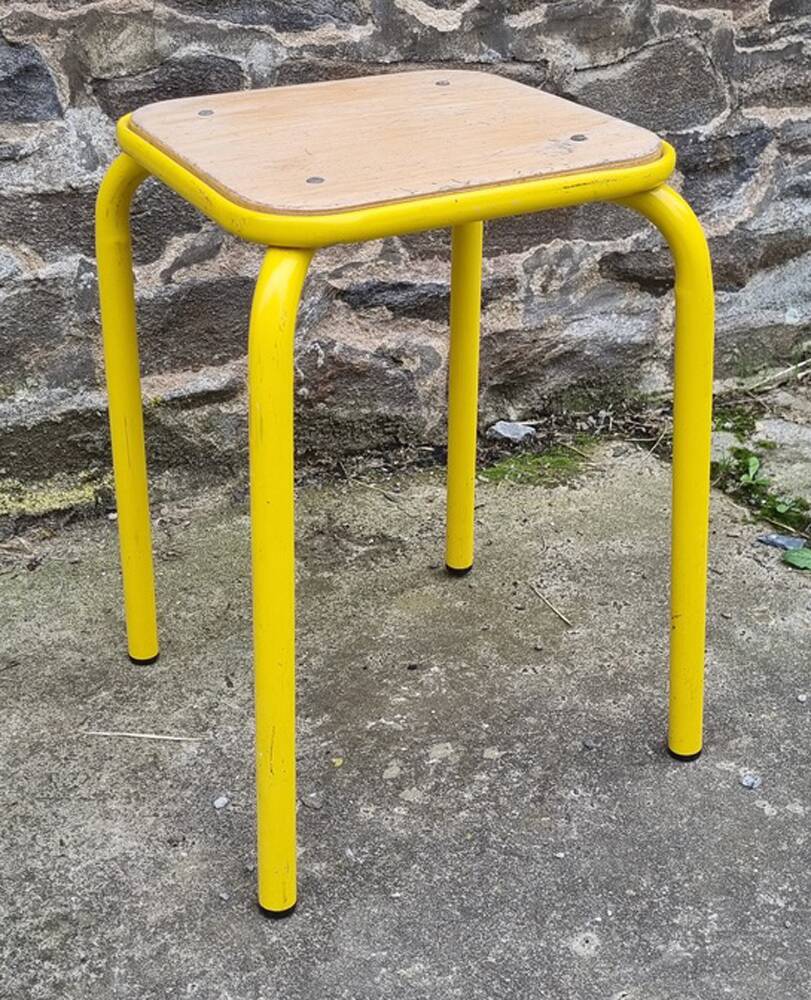 Industrial stool, square, yellow. wood and metal, vintage