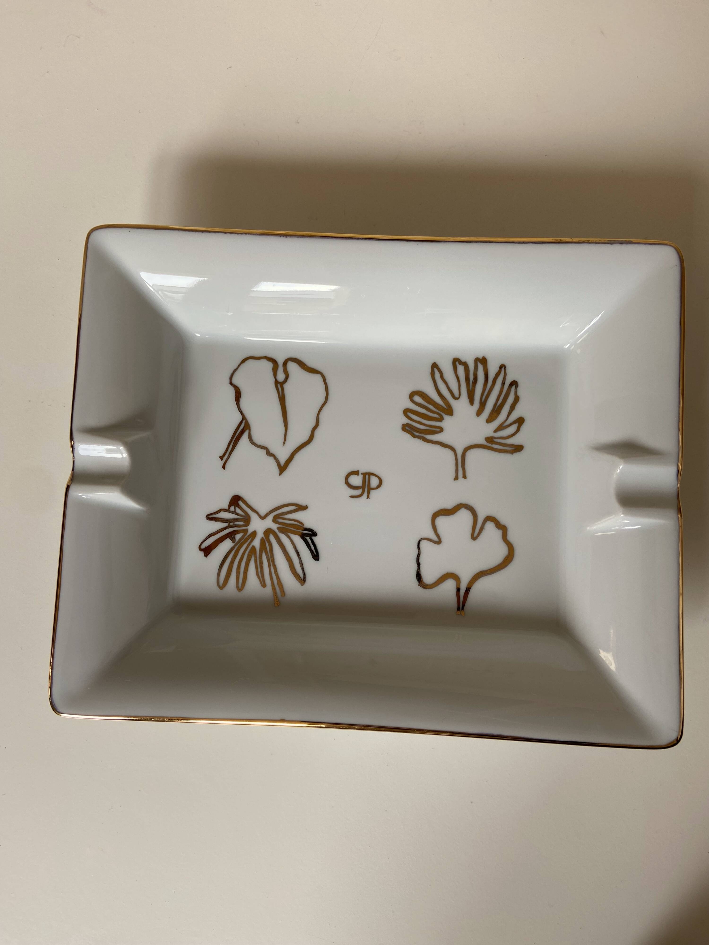 Old rectangular Limoges Porcelain Ashtray: Leaf designs signed GP