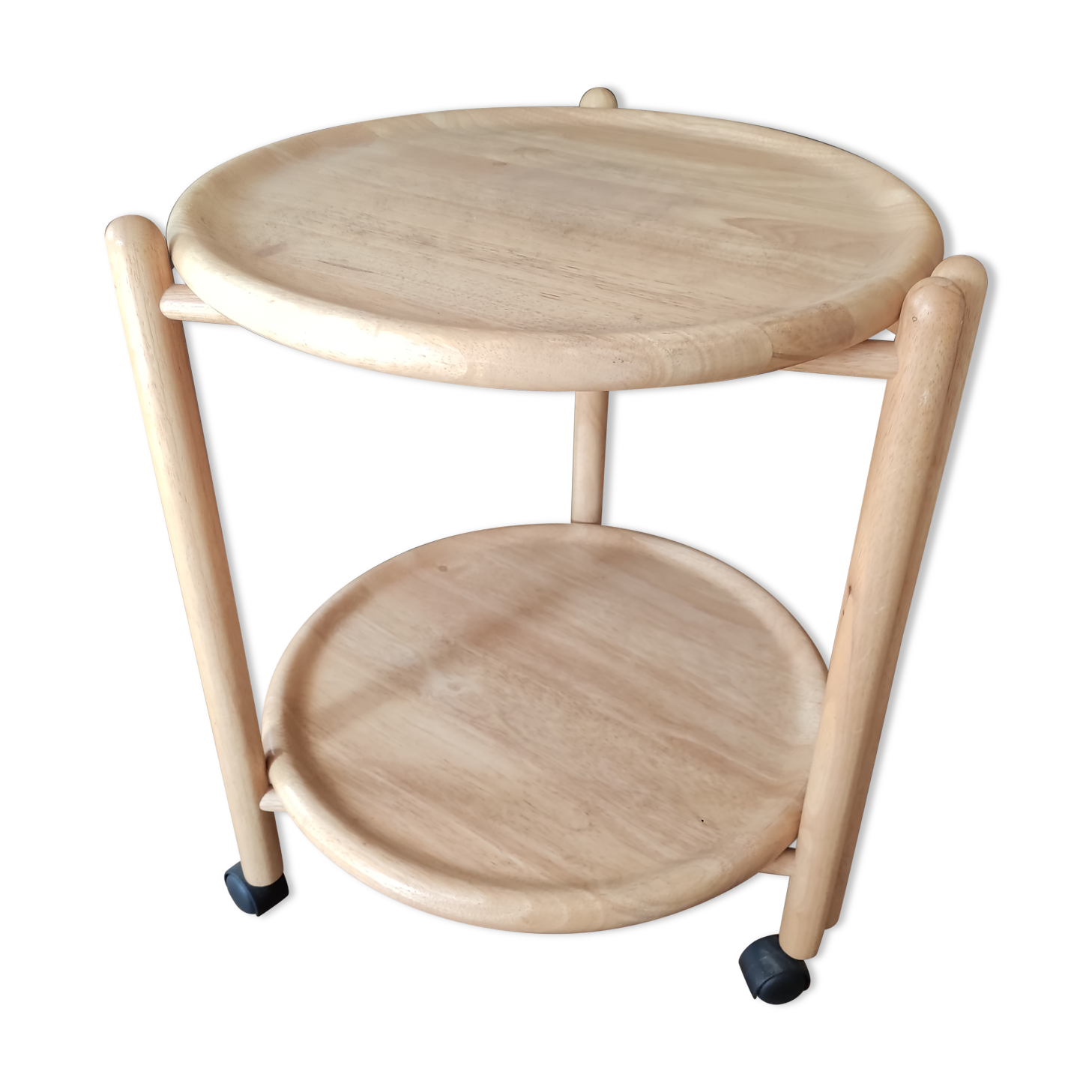 Vintage round service with foldable honey wooden wheels with 2 retractable trays (1 turn)