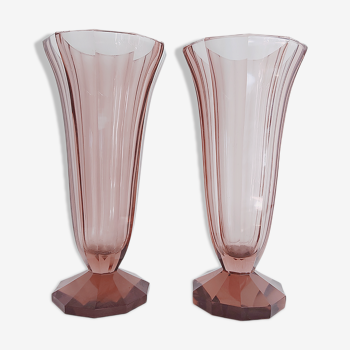 Pair of dark pink crystal vase art deco