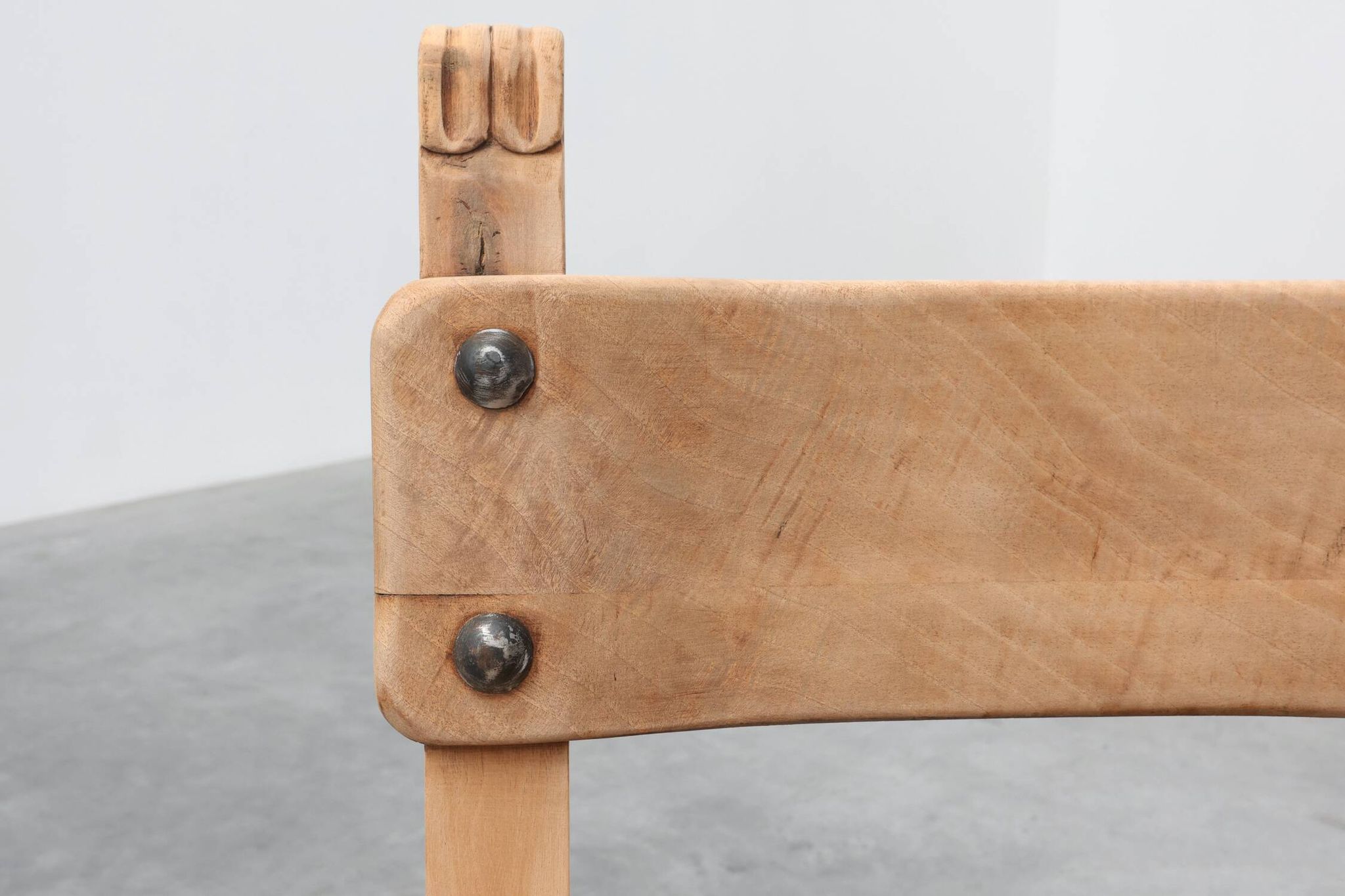 Brutalist armchair with carved rosettes and nailed wooden seat, Spain, 20th