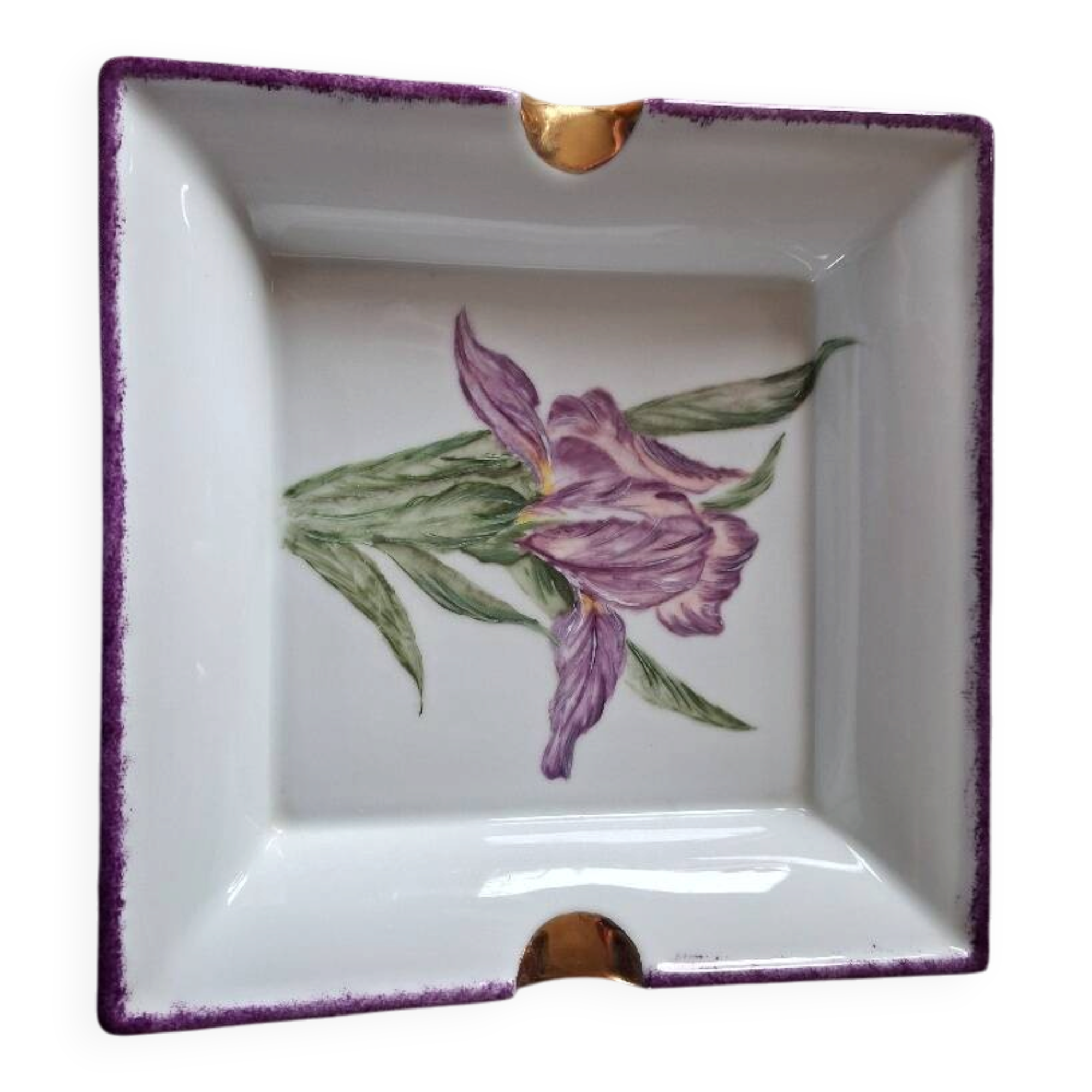 Sublime Pocket Bowl in Limoges Porcelain, Hand-Painted Iris & Gold Leaf