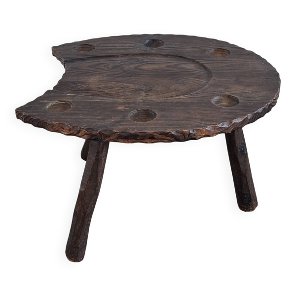 Table de jeu / café en forme de fer à cheval, sculptée à la main dans un style brutaliste, années 1960.