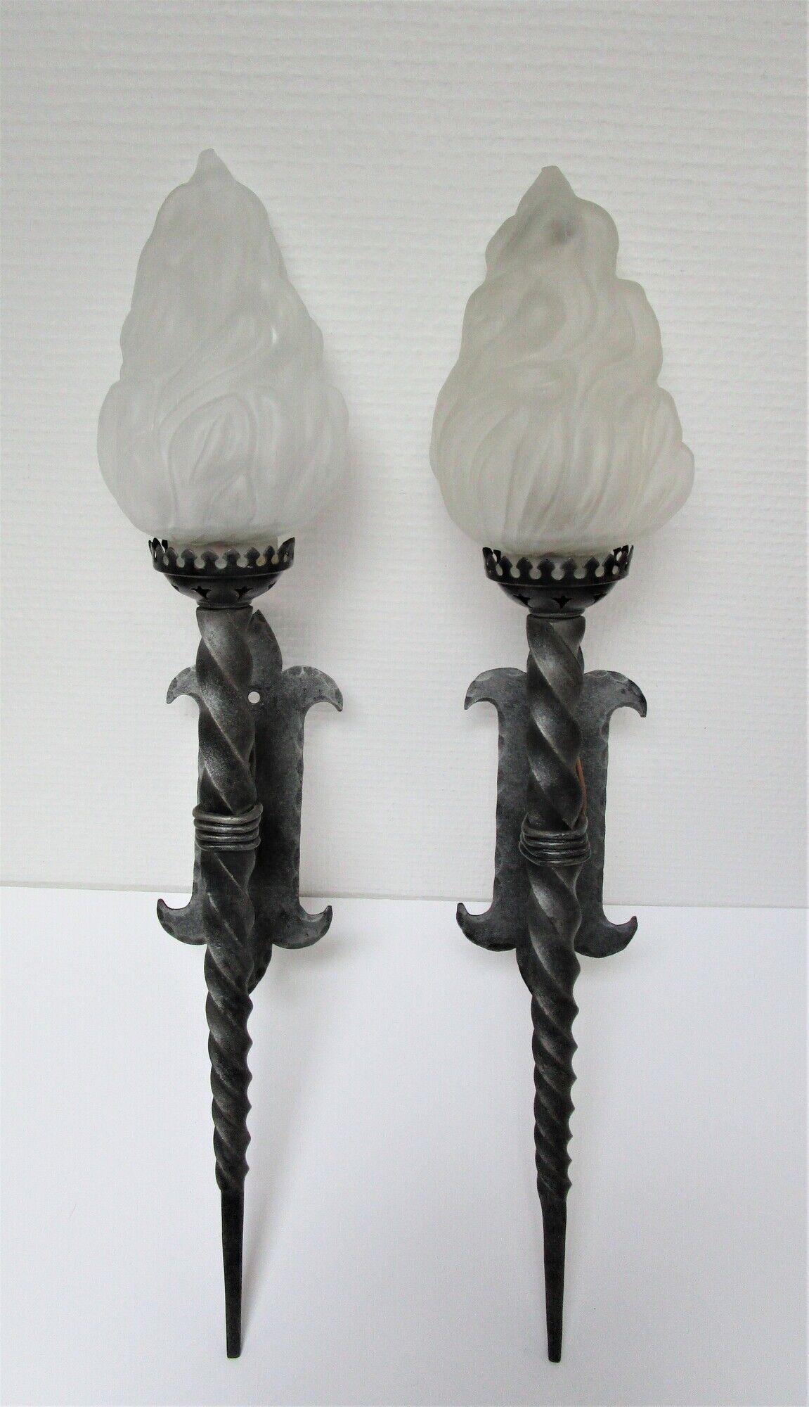 Pair of wall lamps torch glass flame and metal early XXth