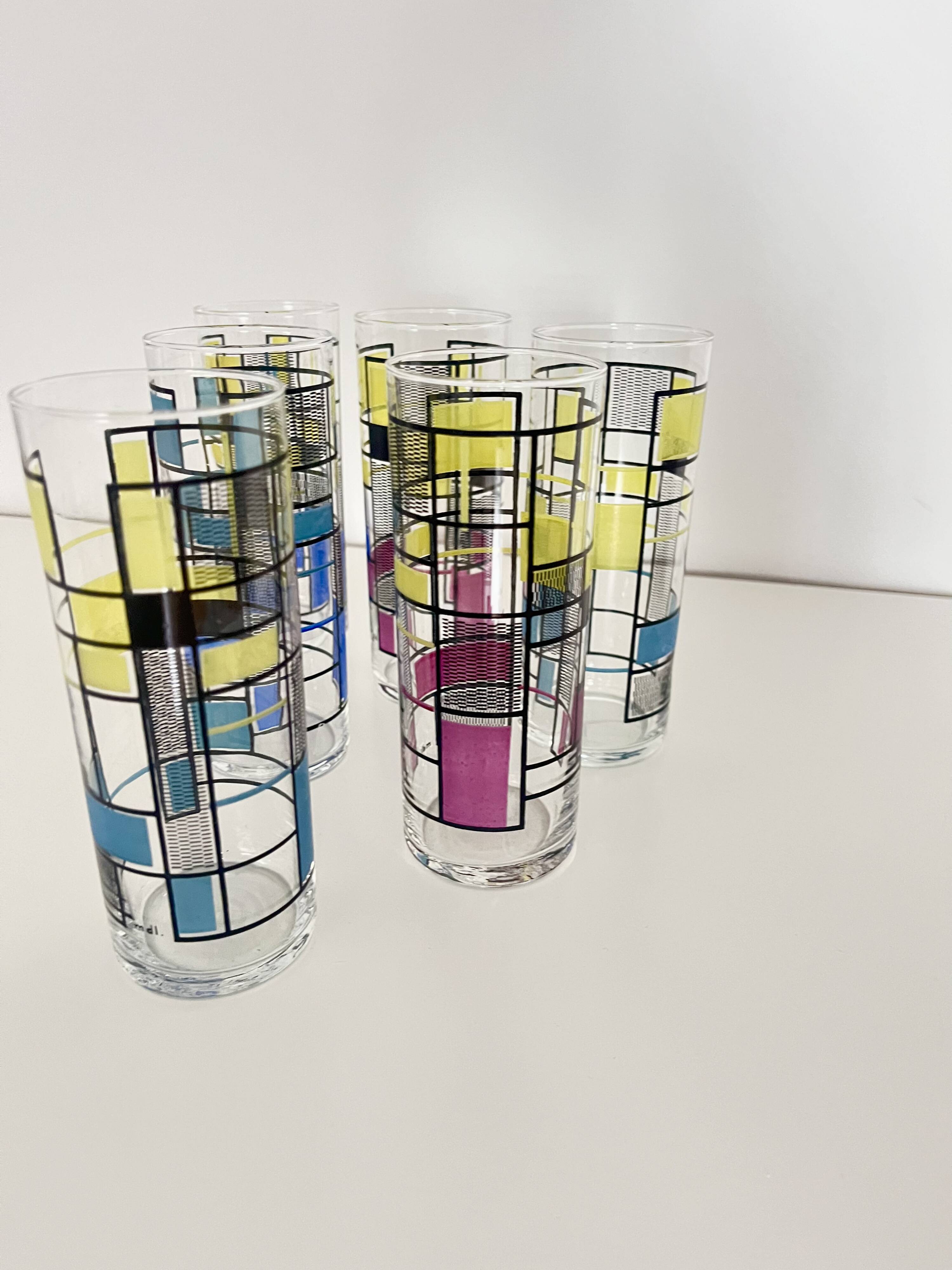 Set of 6 Vintage Hand-Painted Tall Glasses, USA 1950s-60s
