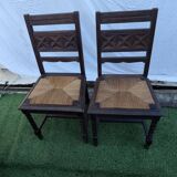 Pair of Vintage Chairs in Carved Wood and Woven Straw Seat - Style