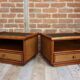 Pair of wooden bedside tables, rattan, canning and faux black leather