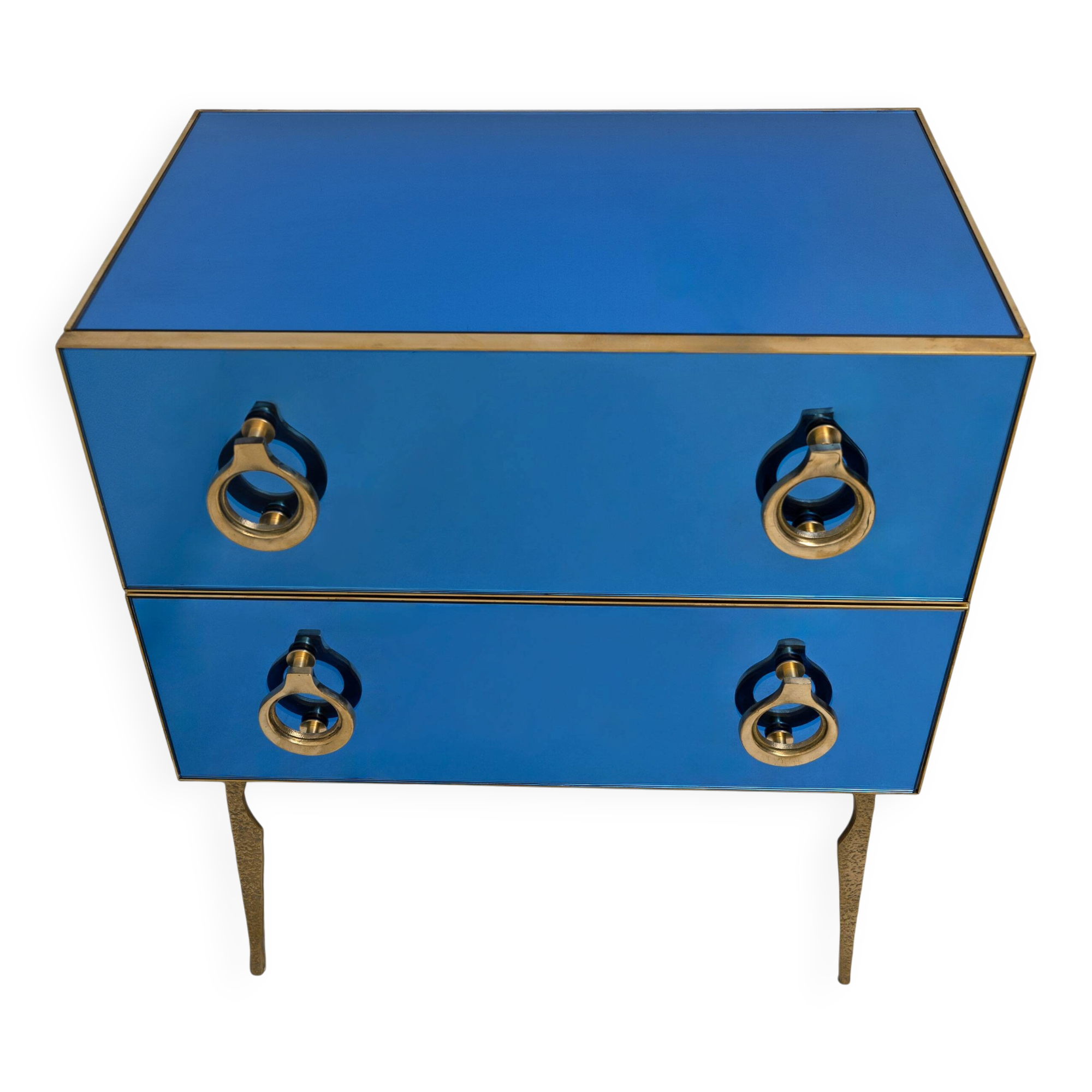 Blue Mirrored Chest of Drawers with Brass Details, Mid-Century Modern Style