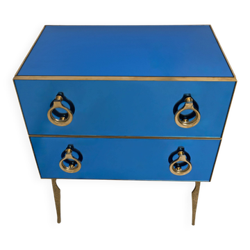 Blue Mirrored Chest of Drawers with Brass Details, Mid-Century Modern Style