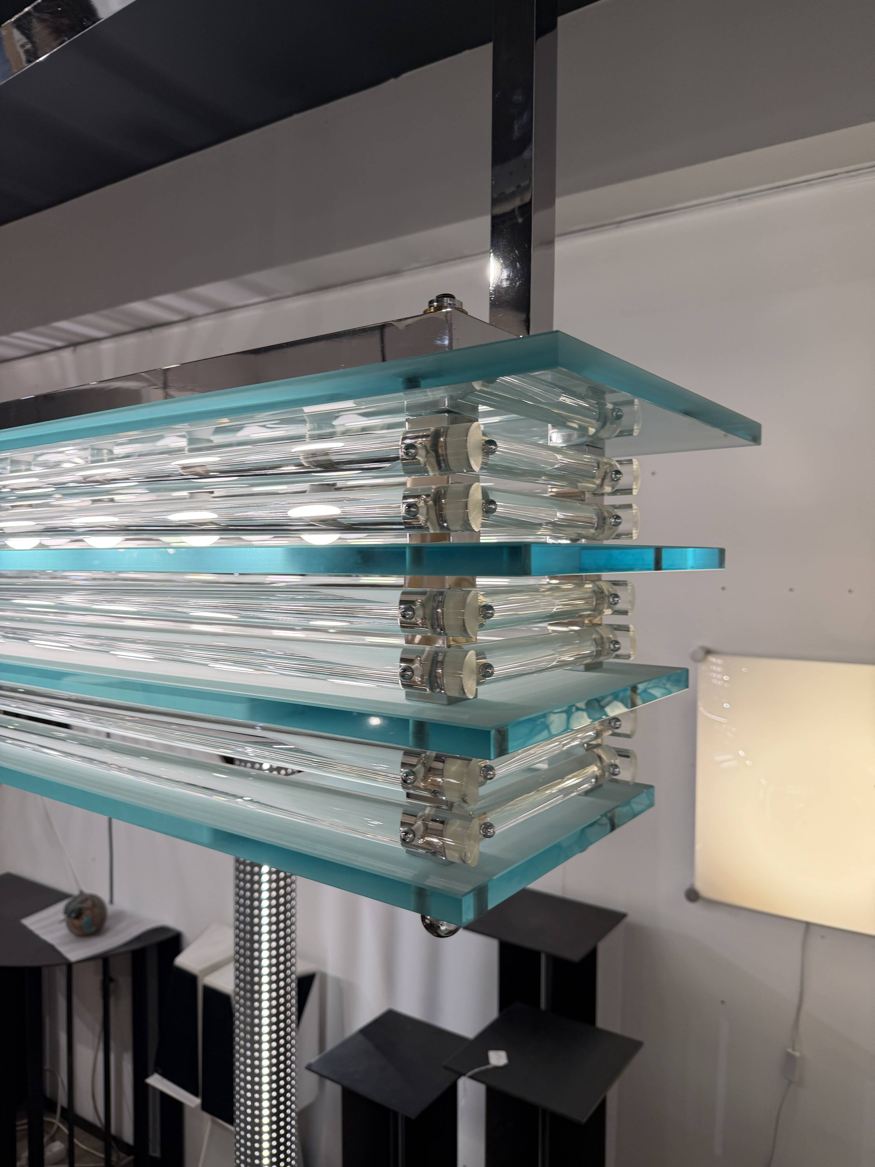 Large suspended chandelier, glass ceiling light, Italy 1970s.