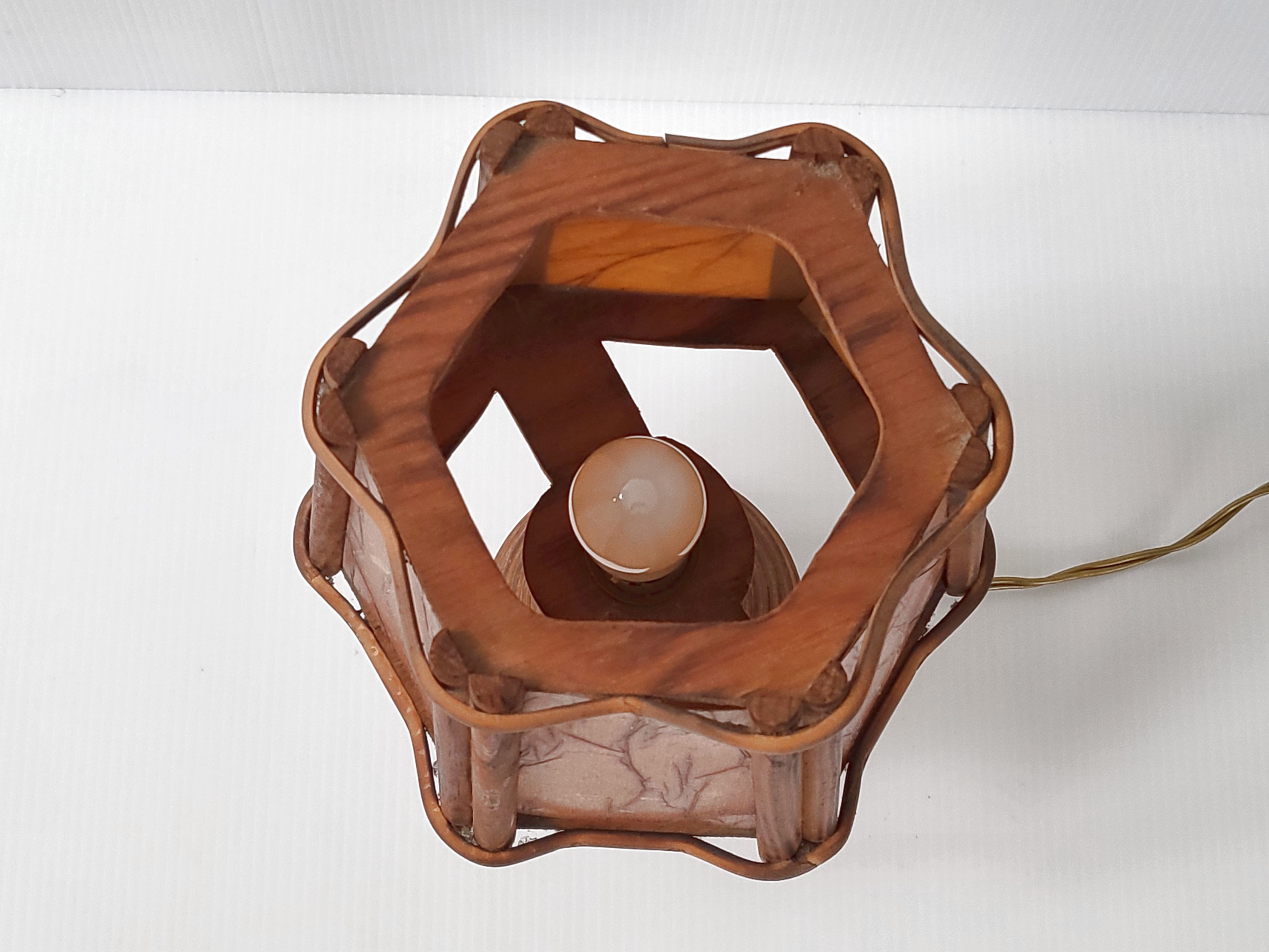 Lampe vintage 1960 bois & rotin
