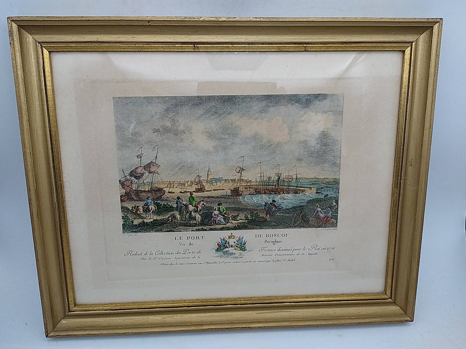 Original engraving of the port of Roscoff. Late 19th century.