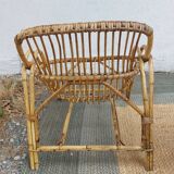 4 armchairs and a coffee table made of rattan and bamboo wood, vintage.