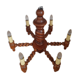 Turned wooden chandelier with 6 branches and its ceiling light