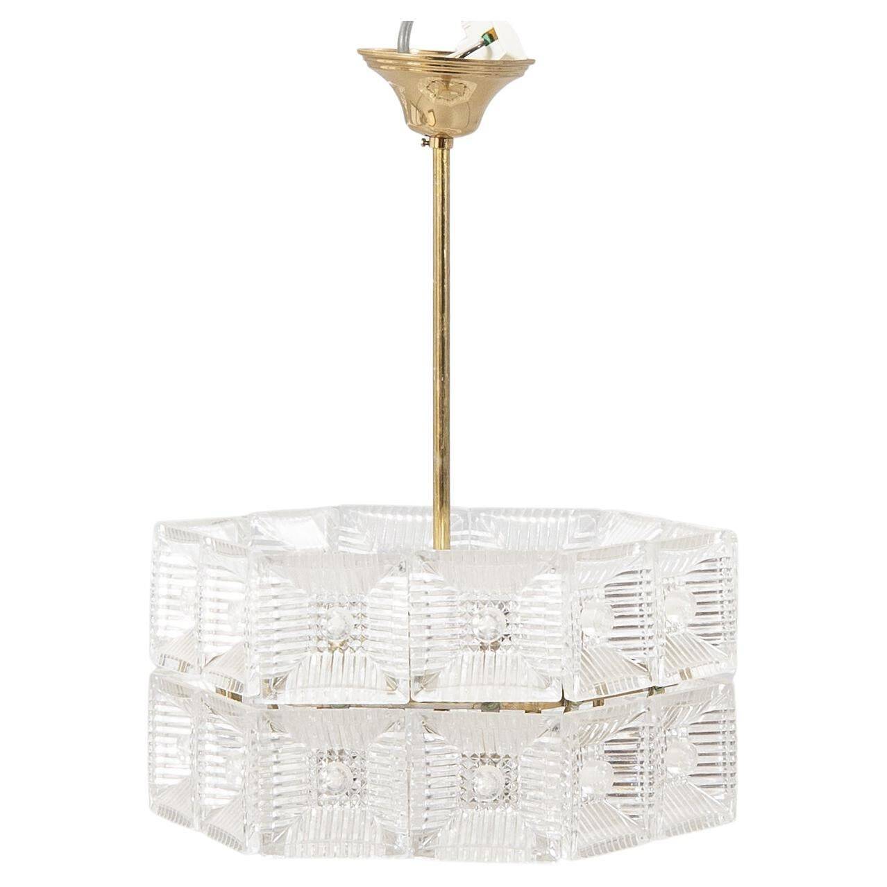 Crystal and brass pendant lamp by Carl Fagerlund for Orrefors, Sweden, 1960.