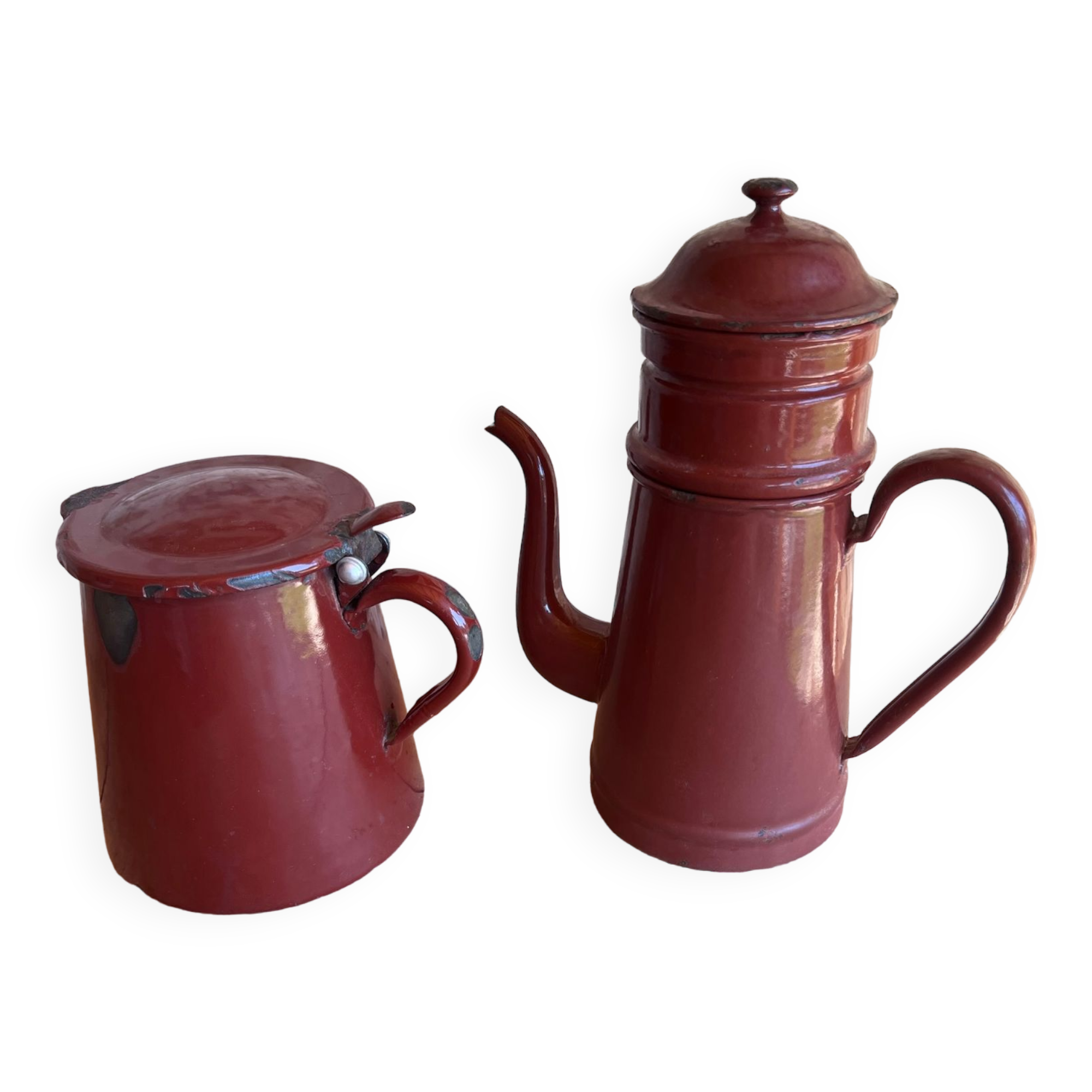 Vintage enameled coffee maker and milk jug