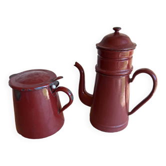 Vintage enameled coffee maker and milk jug