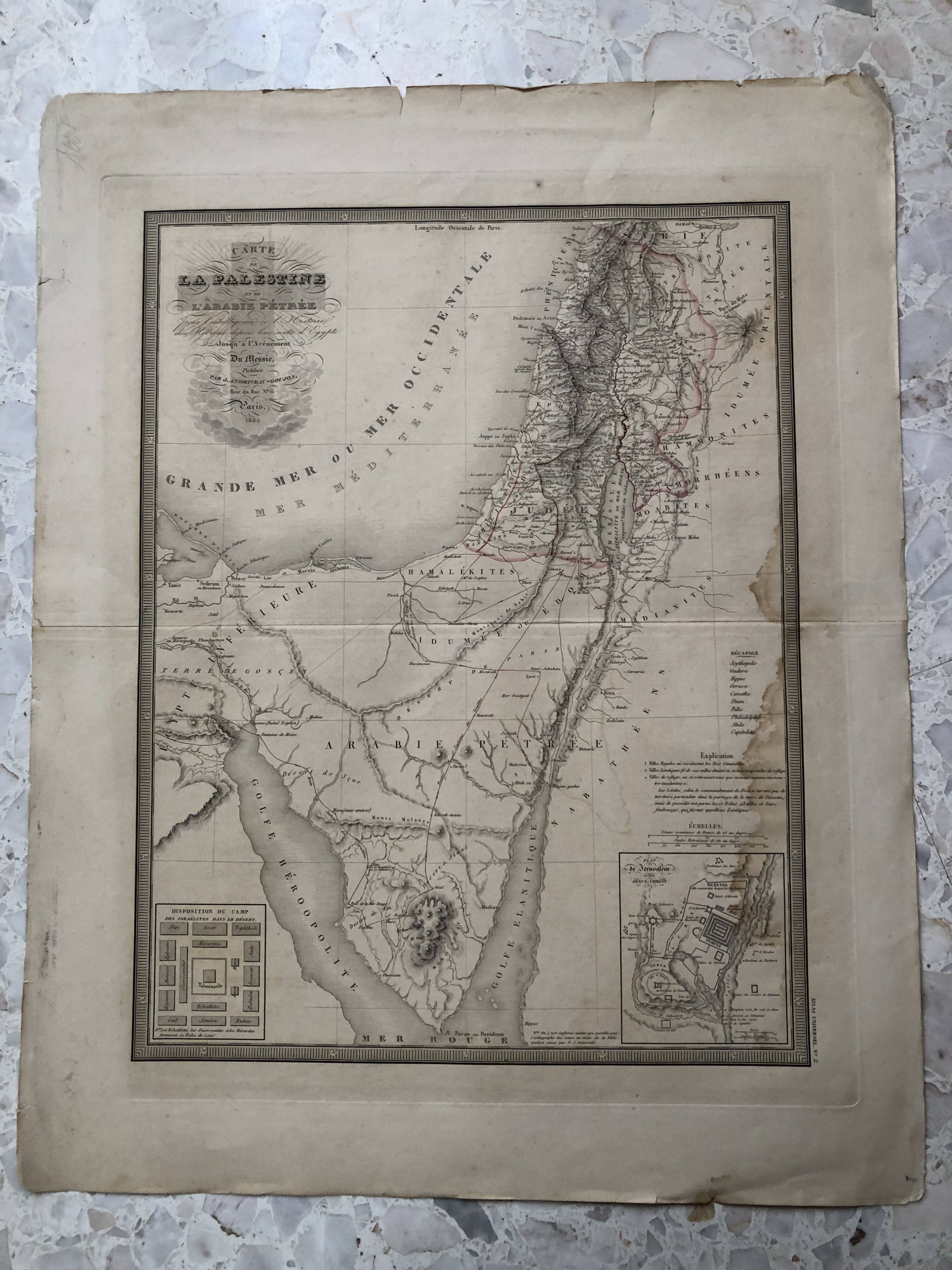 Large atlas map 1834 palestine & arabia petree by andriveau-goujon, history of the hebrews, plan
