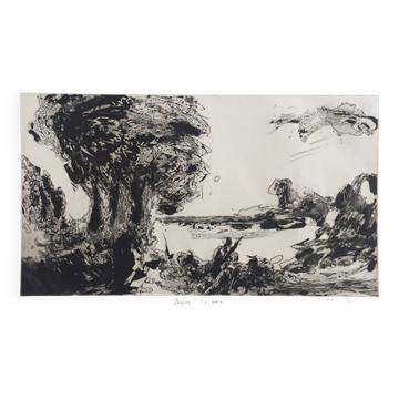 Aquatinte "Paysage avec personnage", signée au crayon Étienne Lodého 1988