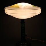 Lampe de table en verre restaurée des années 1940 avec abat-jour en verre