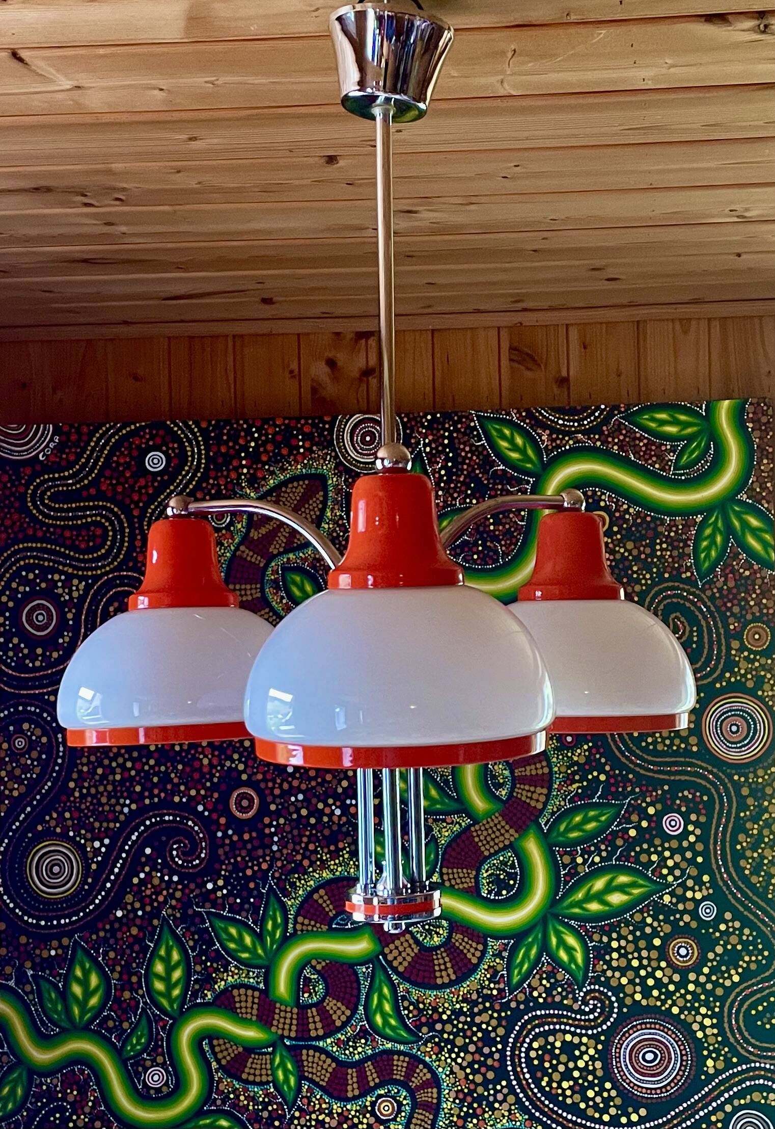 Chandelier, Pendant light, Ceiling light, 3 white and orange lampshades, 70s