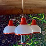 Lustre, Suspension, Plafonnier, 3 abat-jours blanc et orange, année 70
