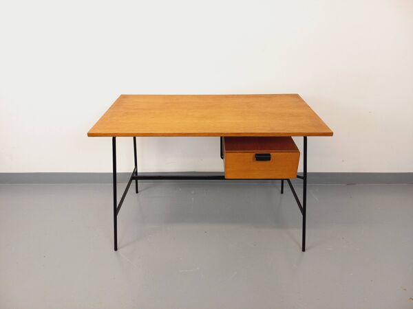 Bureau moderniste vintage Pierre Paulin en bois de chêne et métal noir