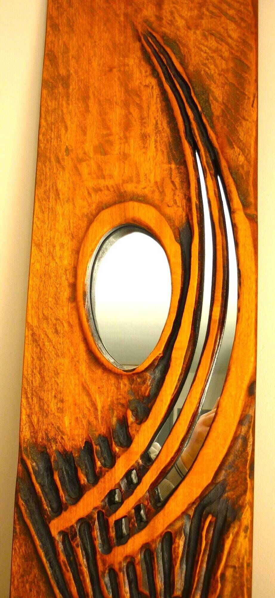 Carved wooden mirror, signed P. Guallino, "le passage", brutalist design from the 80s