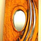 Carved wooden mirror, signed P. Guallino, "le passage", brutalist design from the 80s