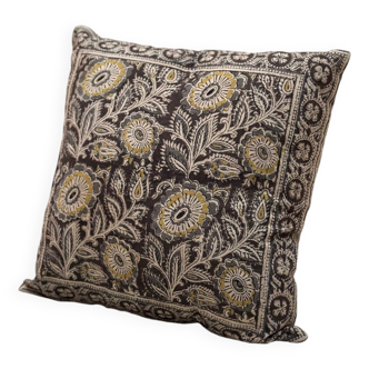 “Indian garden” flower block print cushion - Brown/Yellow