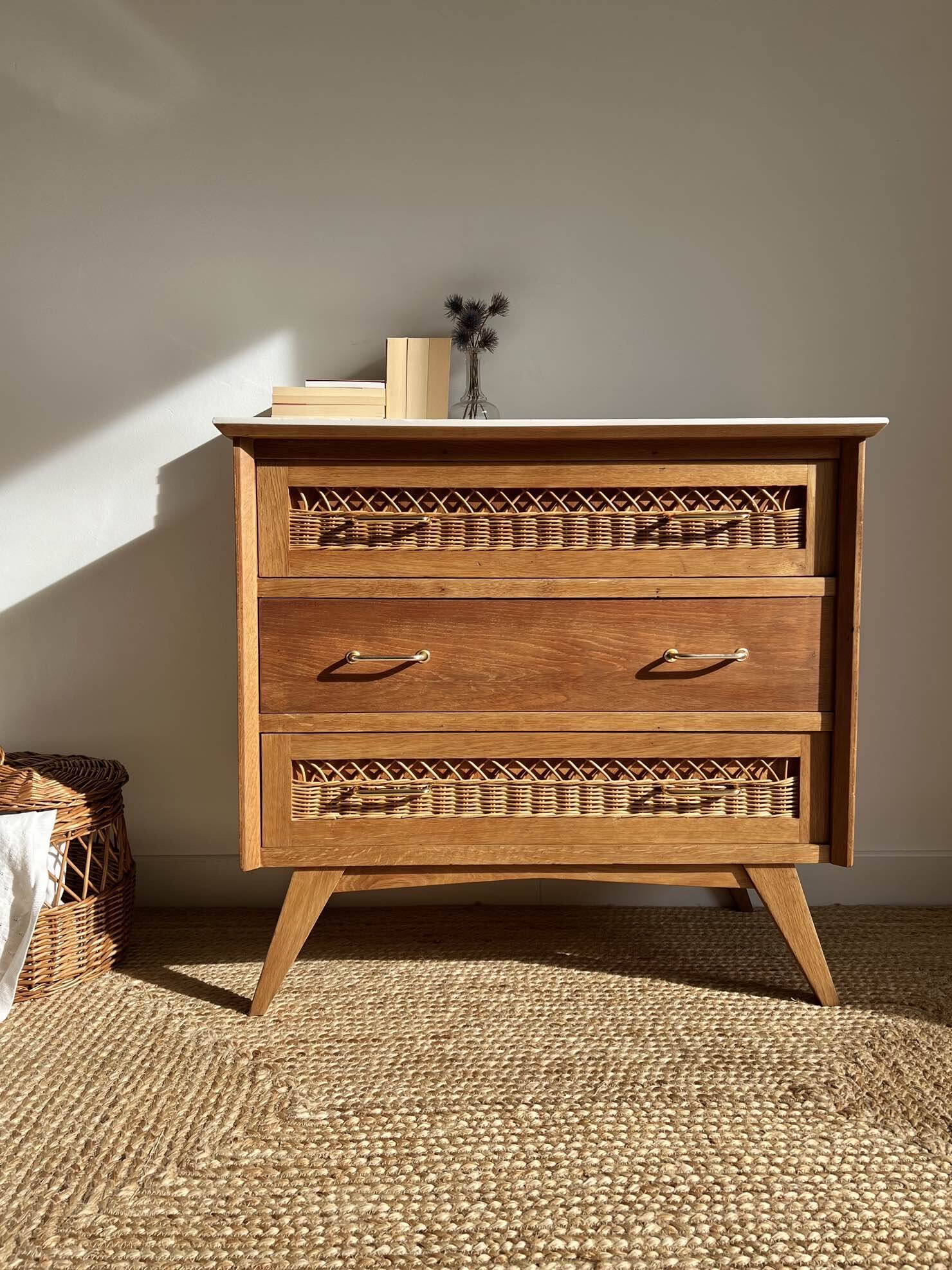 vintage rattan chest of drawers