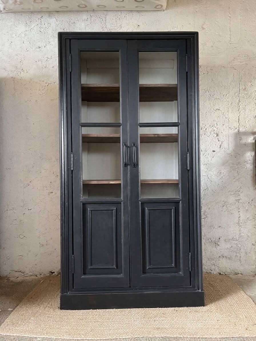 Aged patinated black display cabinet