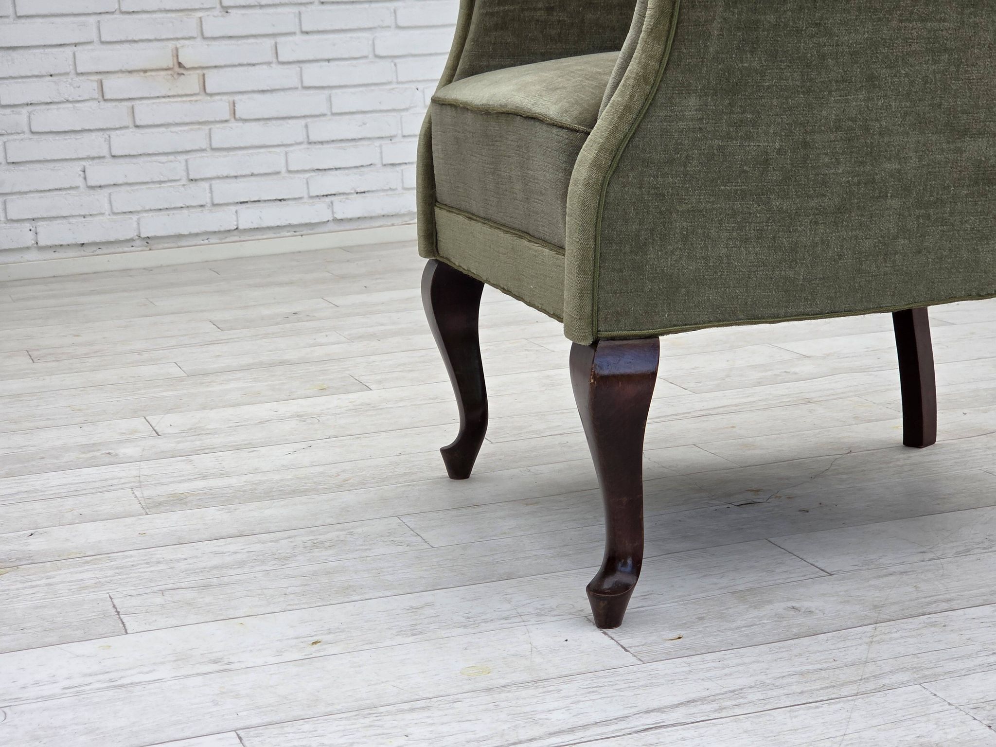 1960s, Danish armchair, green furniture velour, beech wood legs.