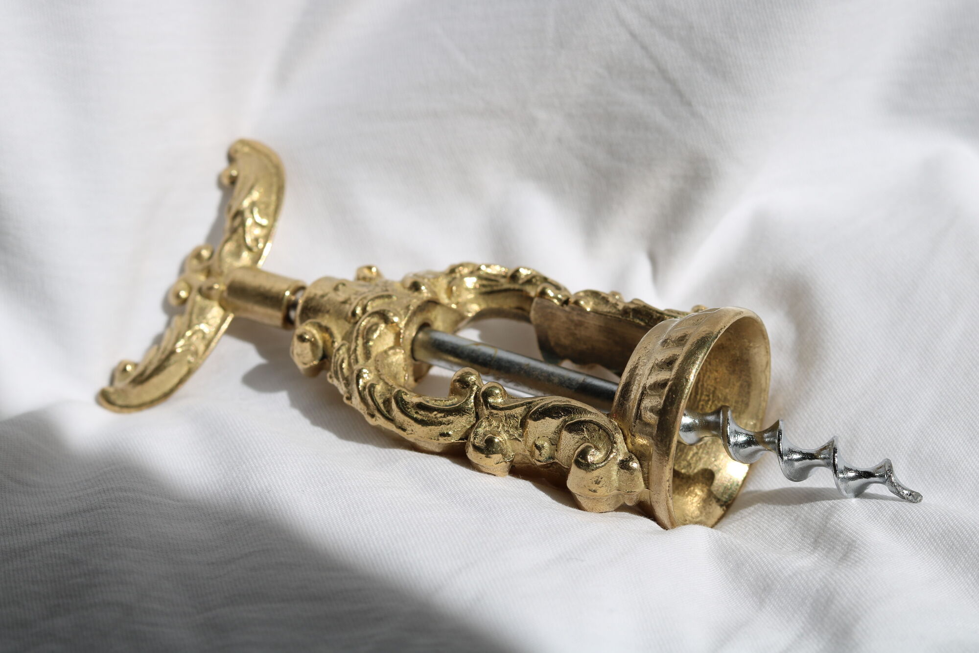 French ornate brass corkscrew wine opener