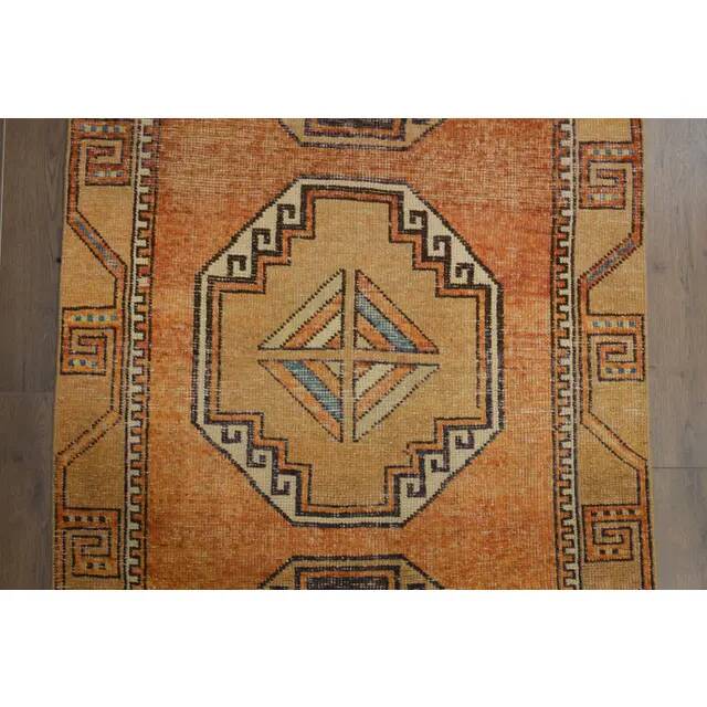 1970s vintage Turkish Oushak handmade wool cotton orange runner rug 103x330