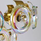 Large brass chandelier by Oscar Torlasco, rainbow optical glass rings, Italy, 1970s.