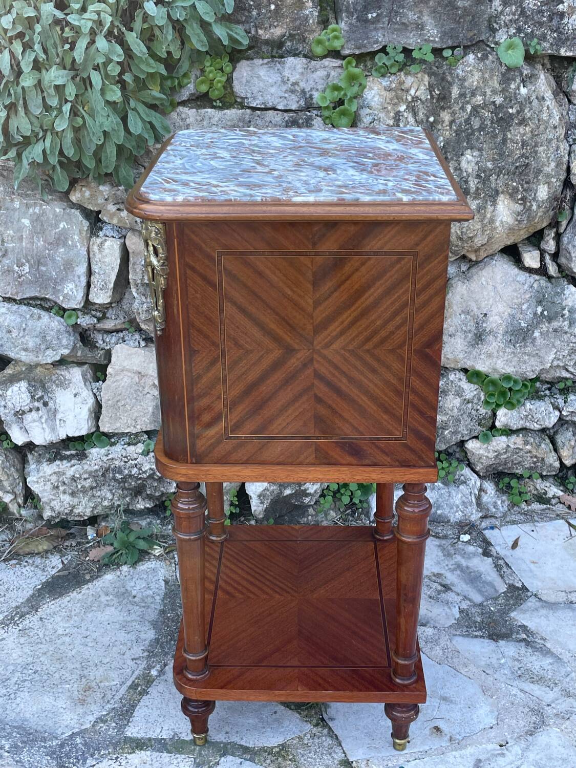 Bedside table in wood marquetry from the 19th century