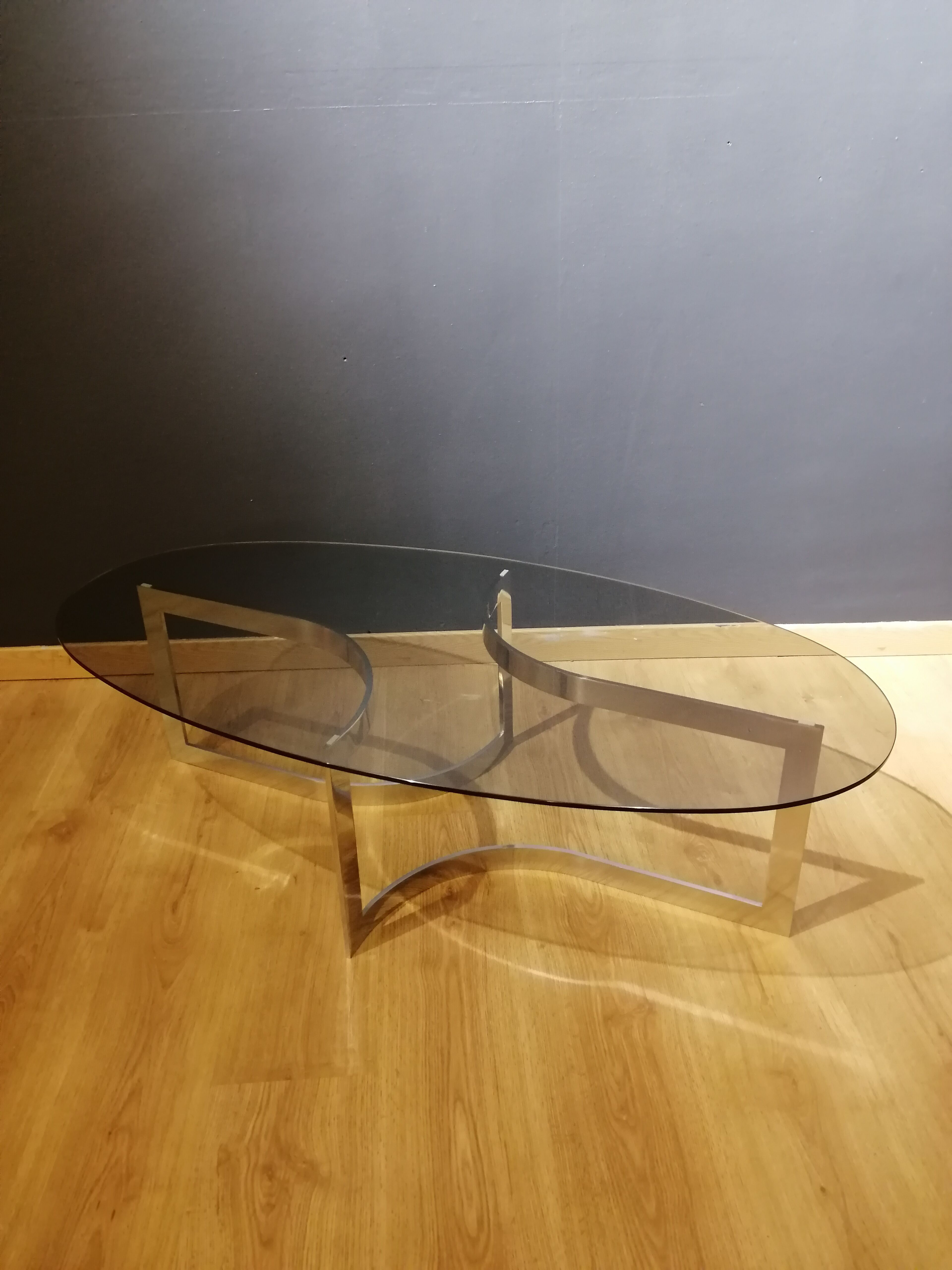 Coffee table in smoked glass and chrome by designer Paul Legeard, 70s