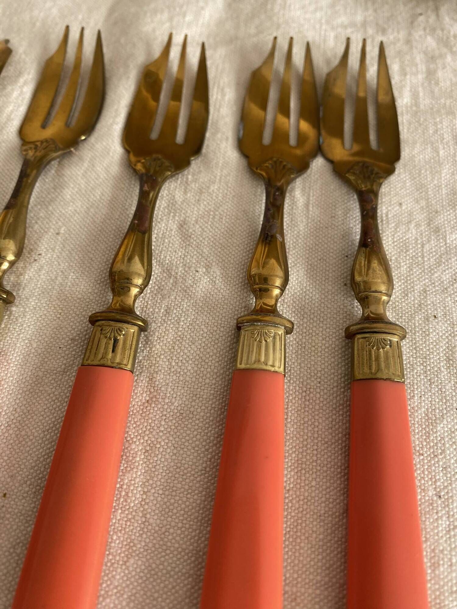 Set of 12 coral and gold dessert forks