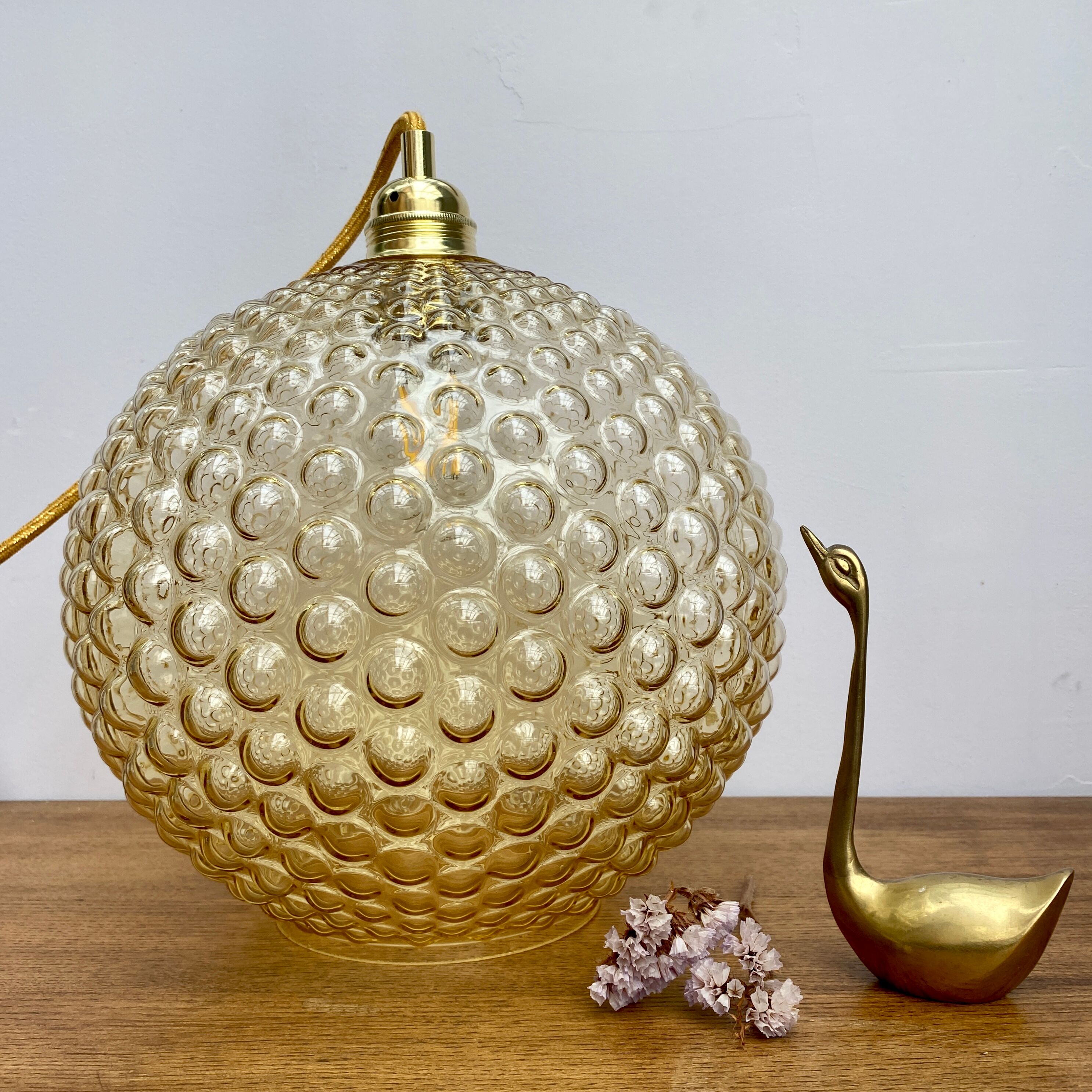 Vintage amber glass globe hanging lamp