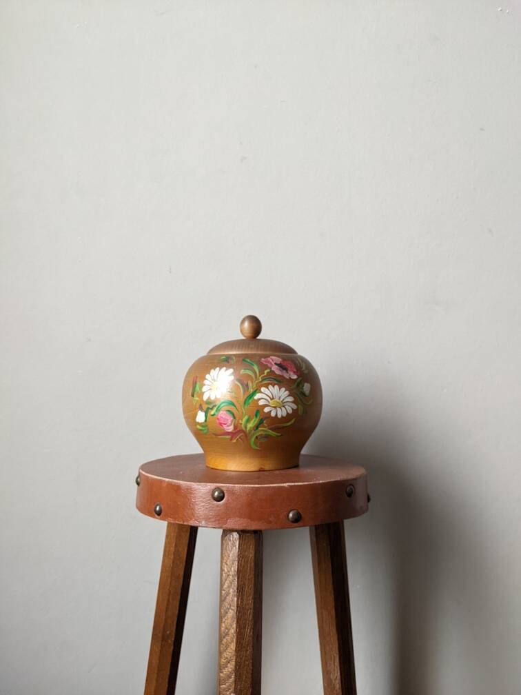 Turned wooden candy box with hand-painted floral decoration, country decor
