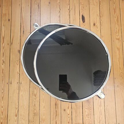 Vintage coffee table with 3 levels and rotating trays in chrome metal and smoked glass - Space Age 1970s.