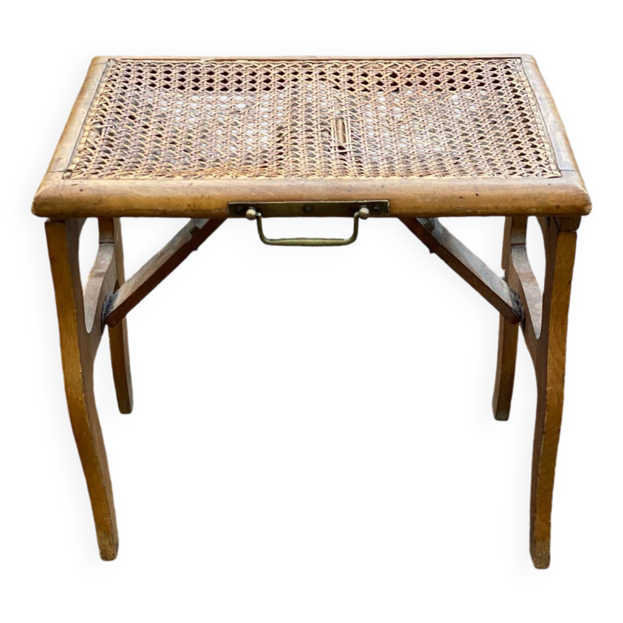 Solid wood folding stool with caned seat
