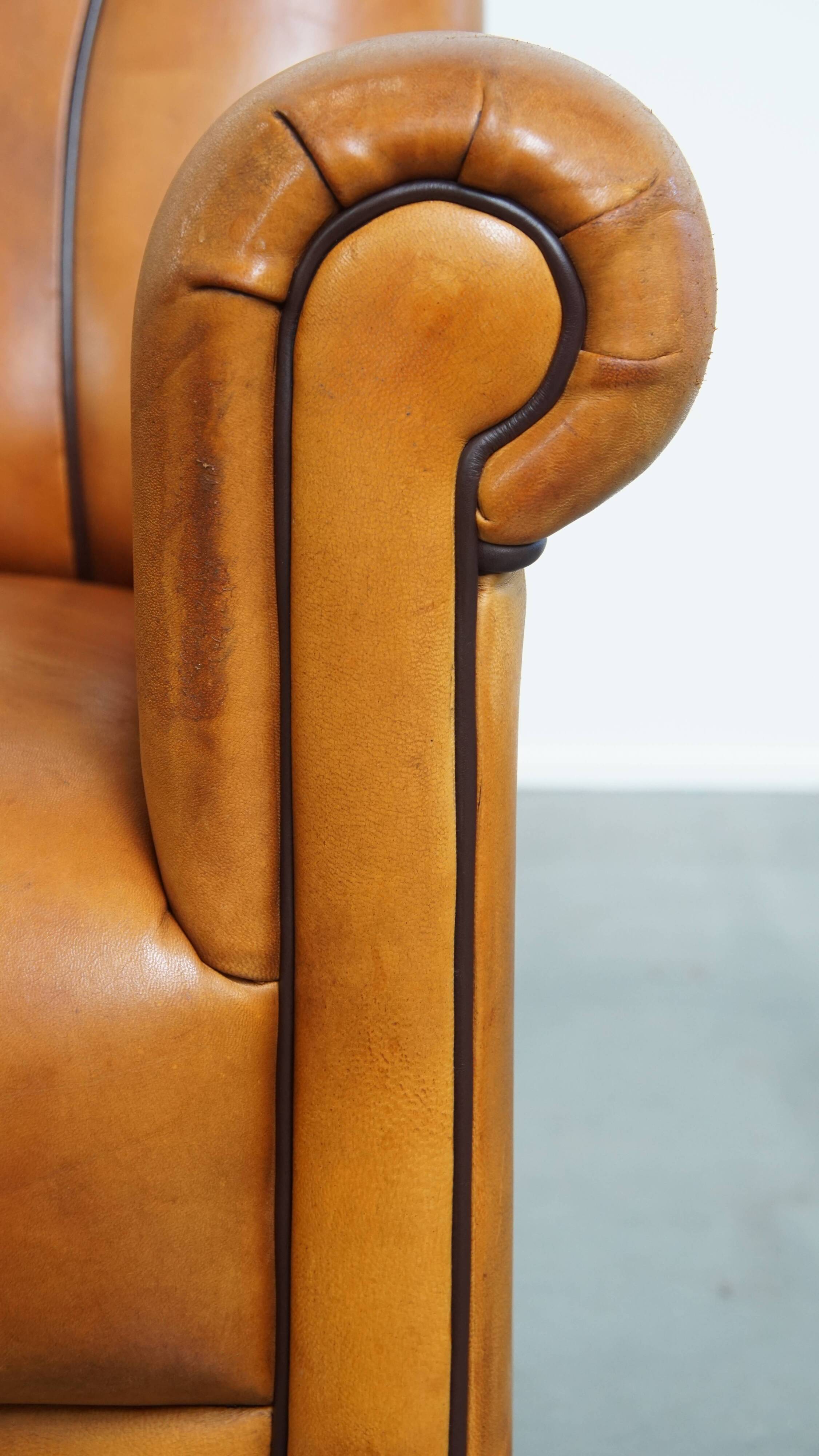 Sheepskin Leather Armchair and Dark Brown Piping